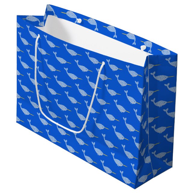 Cute Blue Baby Boy Narwhal Patterned Large Gift Bag (Front Angled)