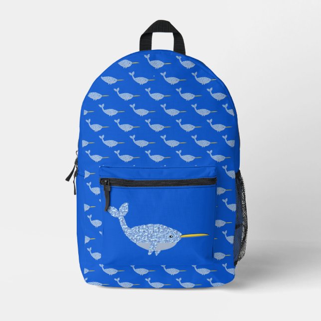 Cute Blue Baby Boy Narwhal Printed Backpack (Front)