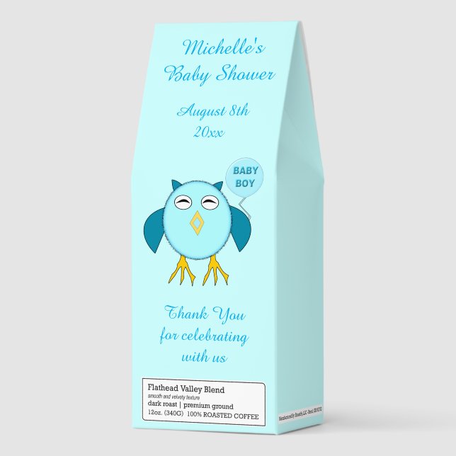 Cute Blue Baby Boy Owl Baby Shower Custom Roasted Coffee (Front)
