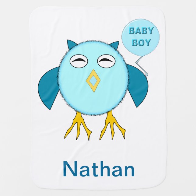 Cute Blue Baby Boy Owl Custom Baby Blanket (Front)