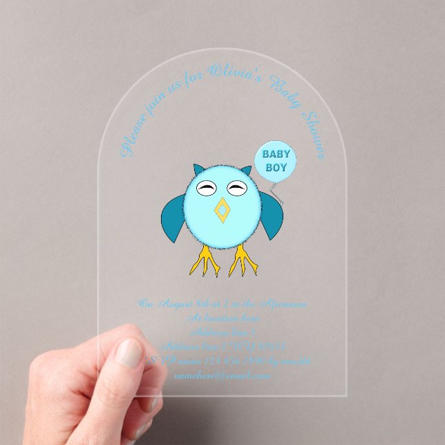 Cute Blue Baby Boy Owl Custom Baby Shower Acrylic Acrylic Invitations (Insitu (Handheld))