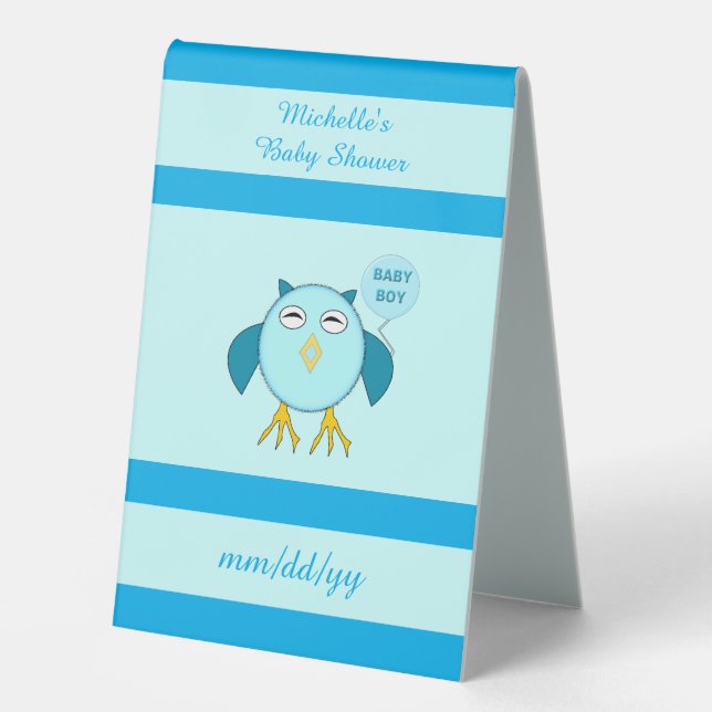 Cute Blue Baby Boy Owl Custom Baby Shower Table Tent (Front)