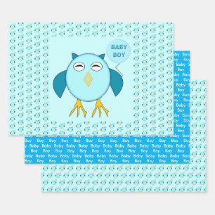 Cute Blue Baby Boy Owl Custom Wrapping Paper Sheets