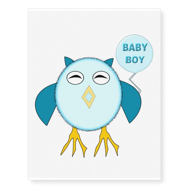 Cute Blue Baby Boy Owl Giant Temporary Tattoo (Front)