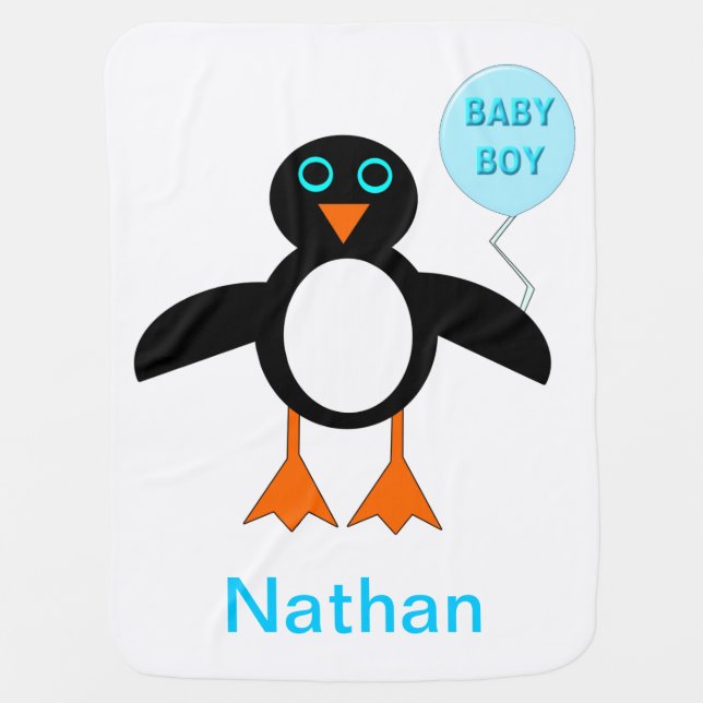Cute Blue Baby Boy Pemguin Custom Baby Blanket (Front)