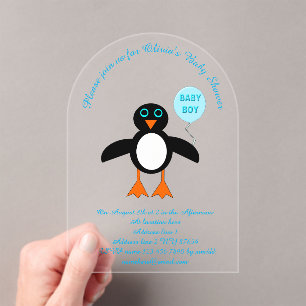 Cute Blue Baby Boy Penguin Custom Baby Shower Acrylic Invitations