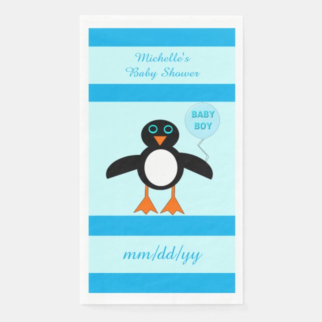 Cute Blue Baby Boy Penguin Custom Baby Shower Paper Guest Towels (Front)