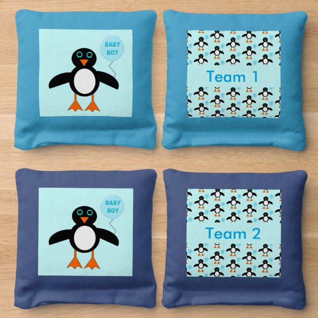 Cute Blue Baby Boy Penguin Custom Cornhole Bags (Wood)