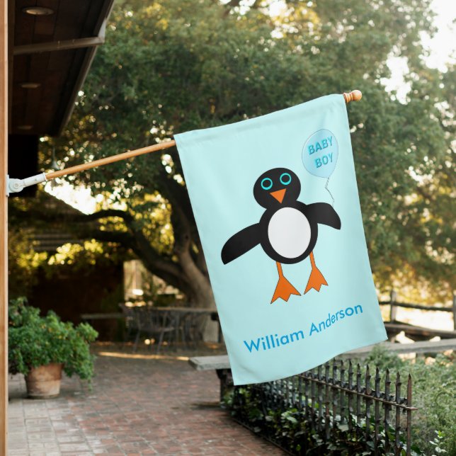 Cute Blue Baby Boy Penguin Custom House Flag (In SItu)