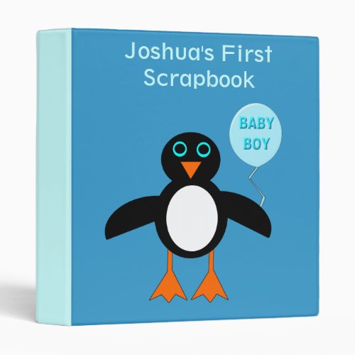 Cute Blue Baby Boy Penguin Custom Scrapbook Binder