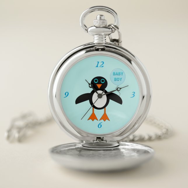 Cute Blue Baby Boy Penguin Pocket Watch (Inside)