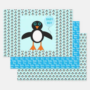 Cute Blue Baby Boy Penguin Wrapping Paper Sheets