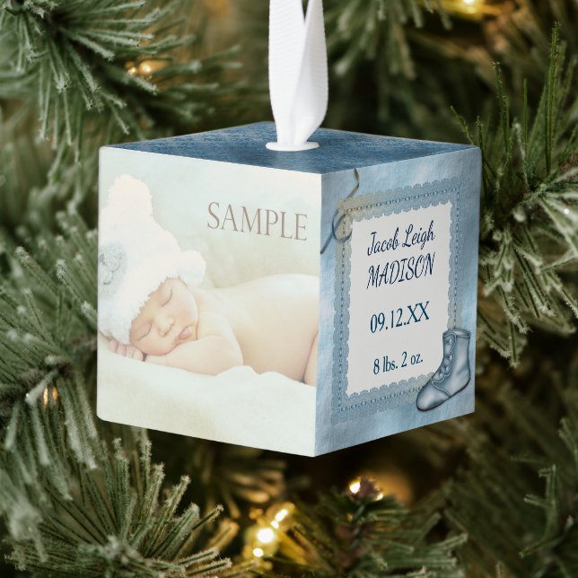 Cute Blue Baby Boy Photo Template Cube Ornament (Tree)
