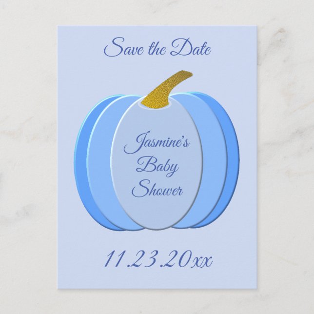 Cute Blue Baby Boy Pumpkin Baby Shower Custom Postcard (Front)