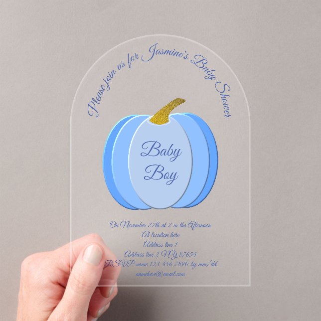 Cute Blue Baby Boy Pumpkin Custom Baby Shower Acrylic Invitations (Insitu (Handheld))