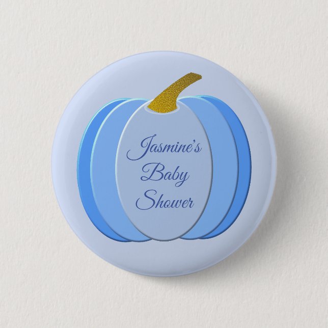 Cute Blue Baby Boy Pumpkin Custom Baby Shower Button (Front)