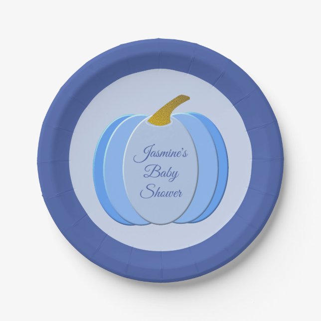 Cute Blue Baby Boy Pumpkin Custom Baby Shower Paper Plates (Front)