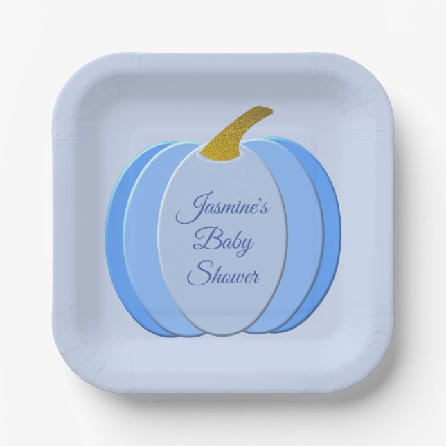 Cute Blue Baby Boy Pumpkin Custom Baby Shower Paper Plates (Front)