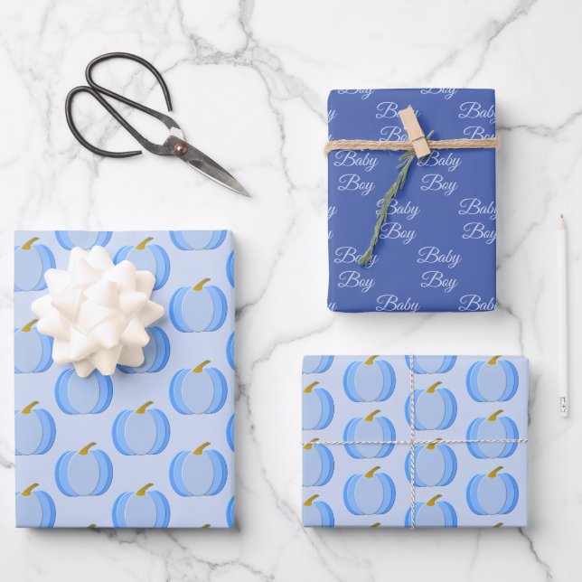 Cute Blue Baby Boy Pumpkin Custom Patterned Wrapping Paper Sheets (Front)