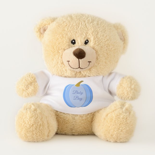 Cute Blue Baby Boy Pumpkin Custom Teddy Bear (Front)