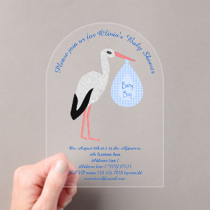 Cute Blue Baby Boy Stork Baby Shower Custom Acrylic Invitations
