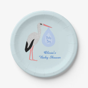 Cute Blue Baby Boy Stork Baby Shower Custom Paper Plates