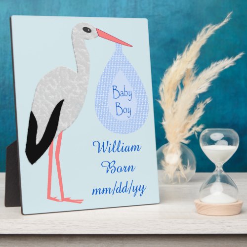 Cute Blue Baby Boy Stork Birth Announcement Plaque