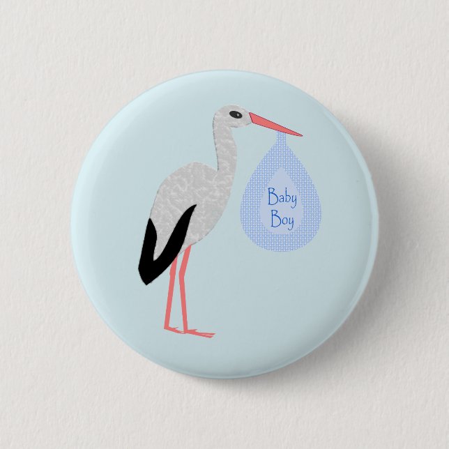 Cute Blue Baby Boy Stork Button (Front)