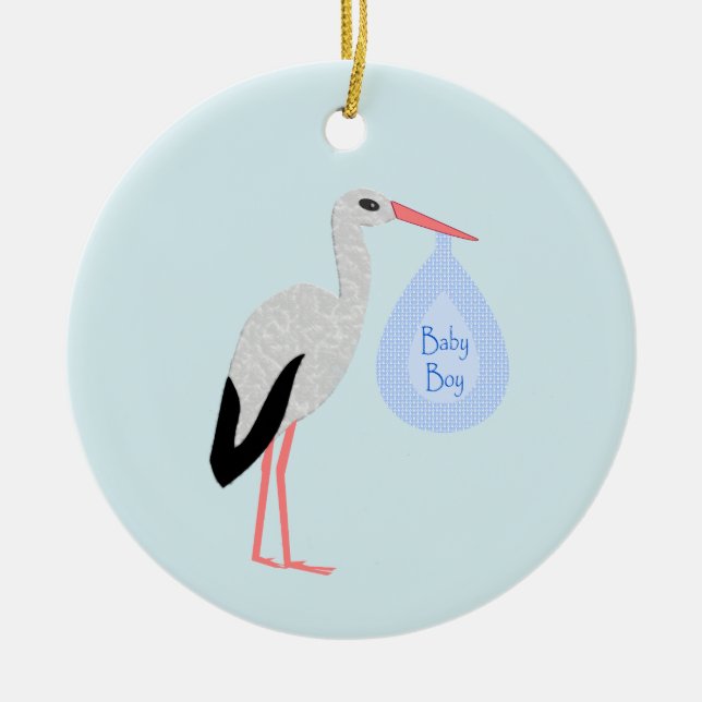 Cute Blue Baby Boy Stork Ceramic Ornament (Front)