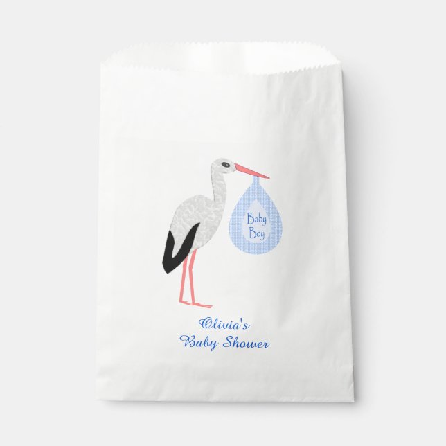 Cute Blue Baby Boy Stork Custom Baby Shower Favor Bag (Front)