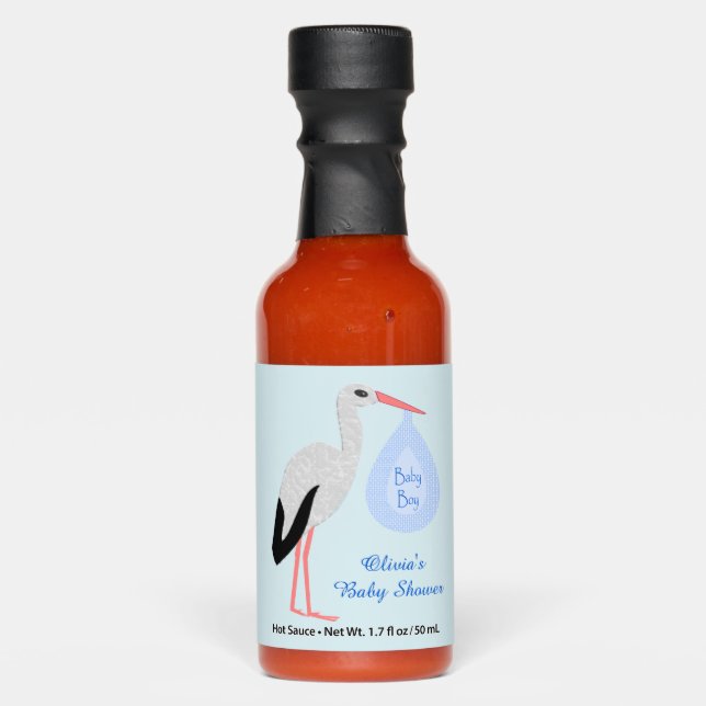 Cute Blue Baby Boy Stork Custom Baby Shower Hot Sauces (Front)