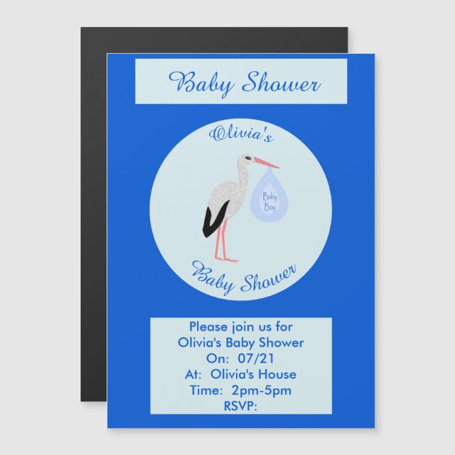 Cute Blue Baby Boy Stork Custom Baby Shower Magnetic Invitation (Front/Back)