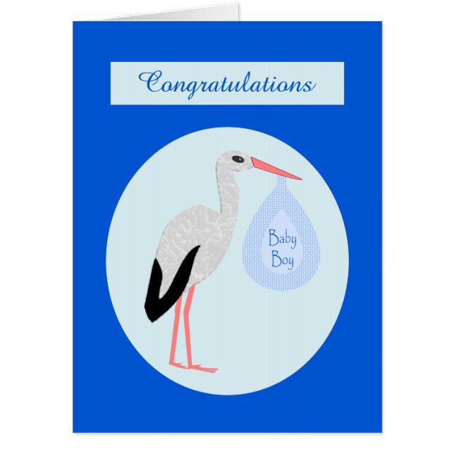 Cute Blue Baby Boy Stork Custom Card (Front)