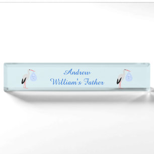 Cute Blue Baby Boy Stork Custom Desk Name Plate