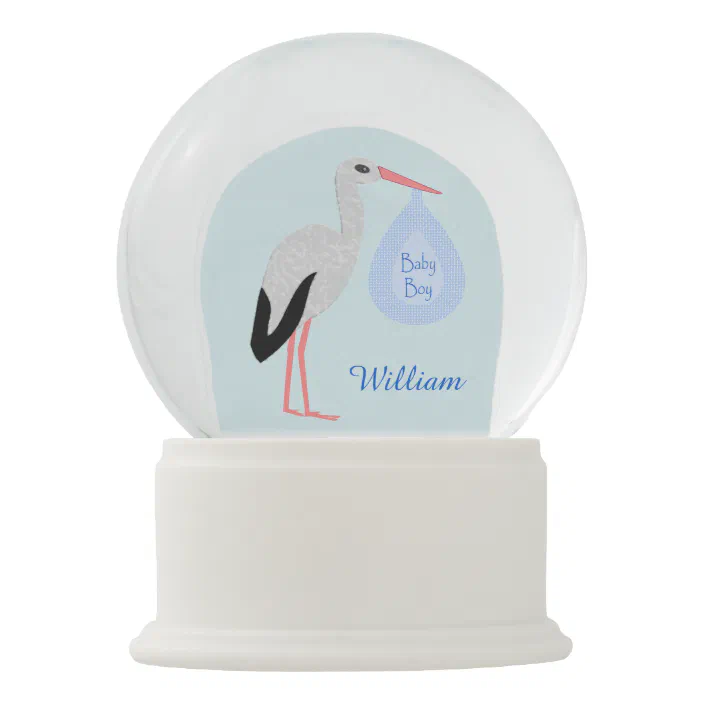 Cute Blue Baby Boy Stork Custom First Christmas Snow Globe Zazzle Com