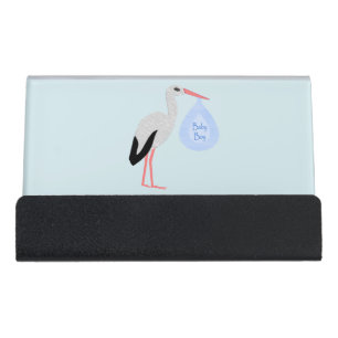 Cute Blue Baby Boy Stork Desk Business Card Holder