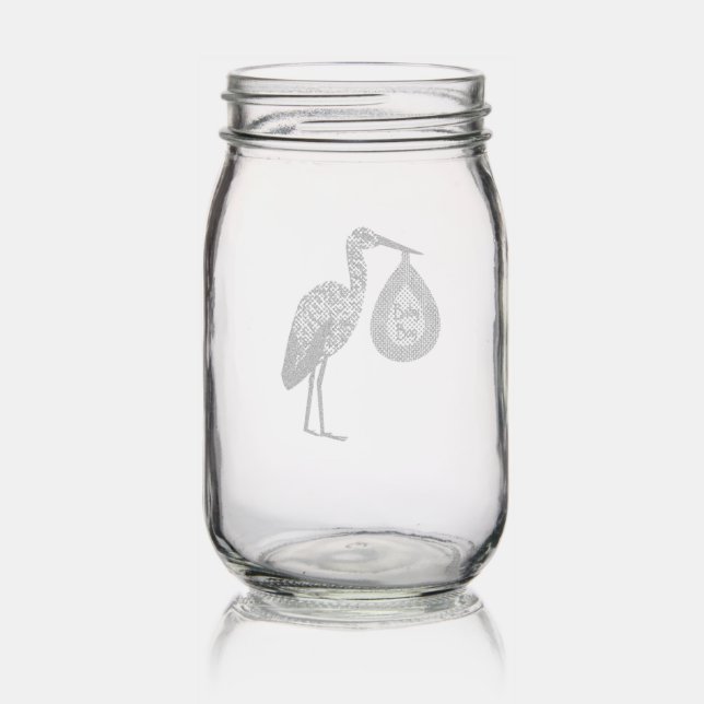 Cute Blue Baby Boy Stork Gender Reveal Mason Jar (Glassware)