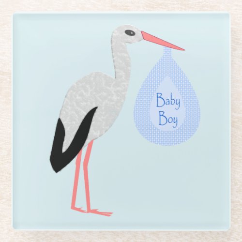 Cute Blue Baby Boy Stork Glass Coaster