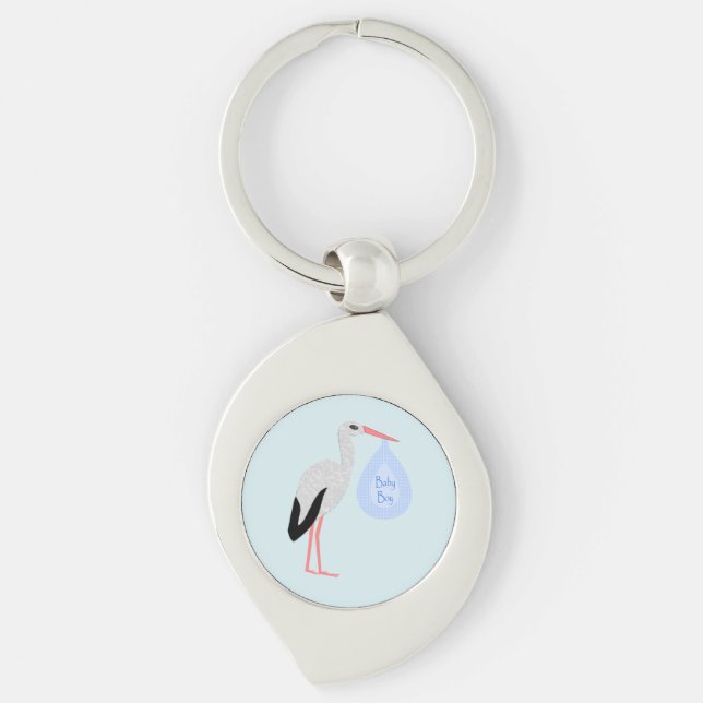 Cute Blue Baby Boy Stork Keychain (Front)