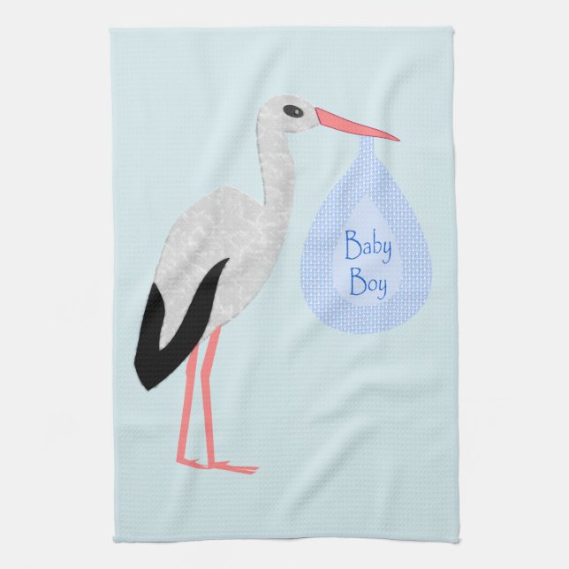 Cute Blue Baby Boy Stork Kitchen Towel (Vertical)