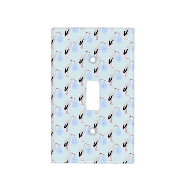 Cute Blue Baby Boy Stork Nursery Light Switch Cover (Front)