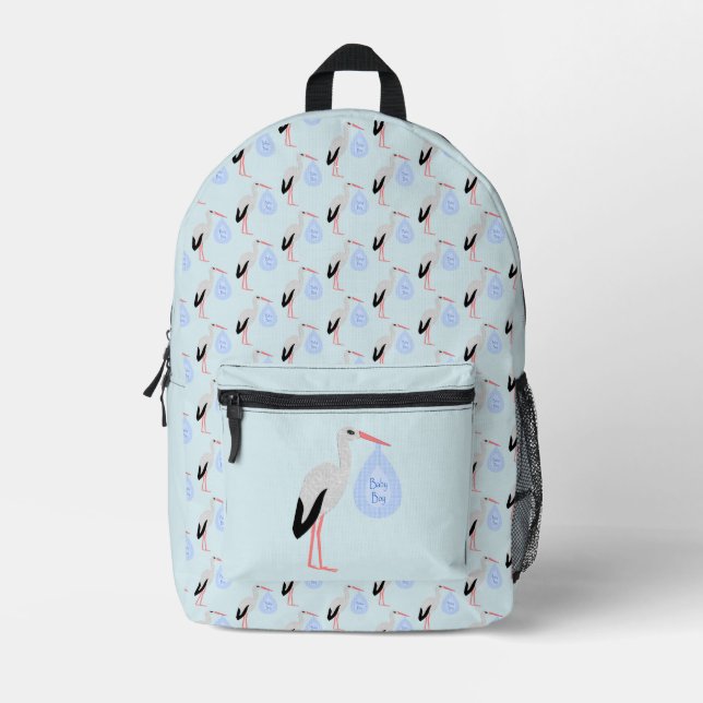Cute Blue Baby Boy Stork Printed Backpack (Front)
