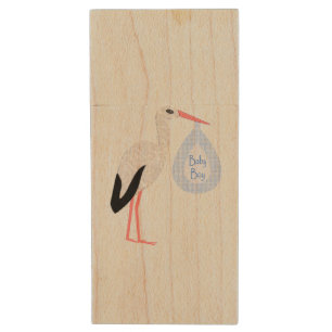 Cute Blue Baby Boy Stork Wood Flash Drive