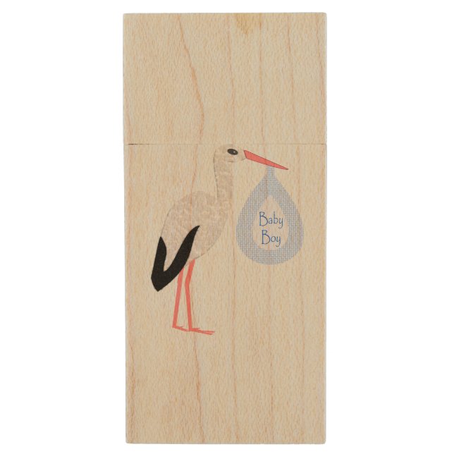 Cute Blue Baby Boy Stork Wood Flash Drive (Front Vertical)