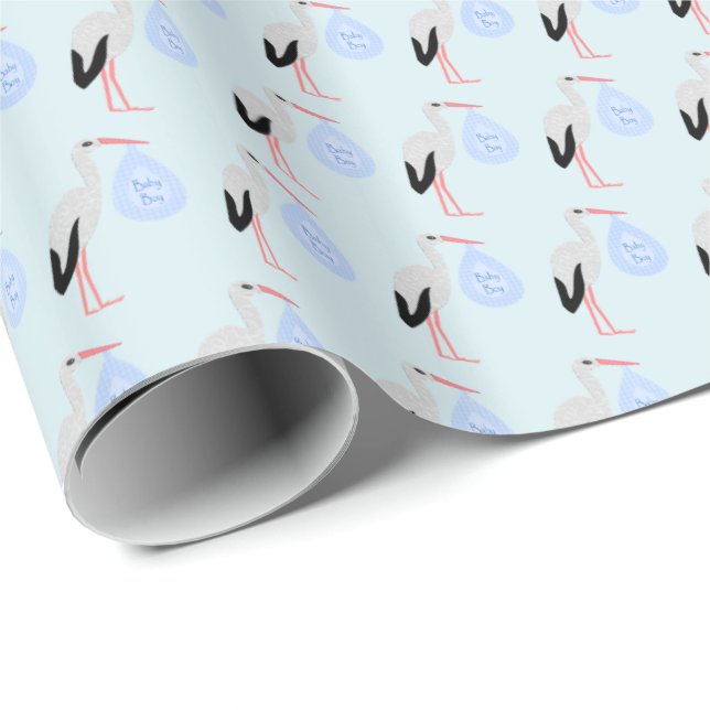 Cute Blue Baby Boy Stork Wrapping Paper (Roll Corner)
