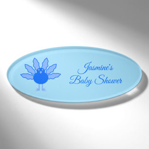 Cute Blue Baby Boy Thanksgiving Turkey Baby Shower Name Tag