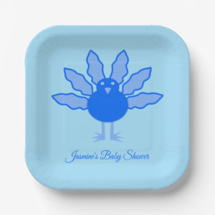 Cute Blue Baby Boy Thanksgiving Turkey Baby Shower Paper Plates
