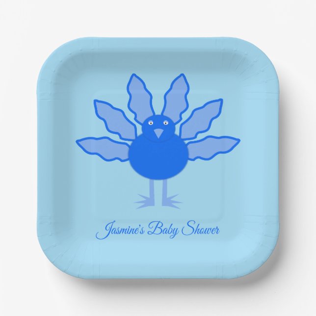 Cute Blue Baby Boy Thanksgiving Turkey Baby Shower Paper Plates (Front)