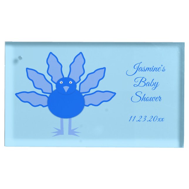 Cute Blue Baby Boy Thanksgiving Turkey Baby Shower Place Card Holder (Front)