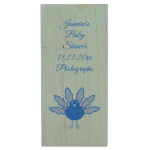Cute Blue Baby Boy Thanksgiving Turkey Baby Shower Wood Flash Drive